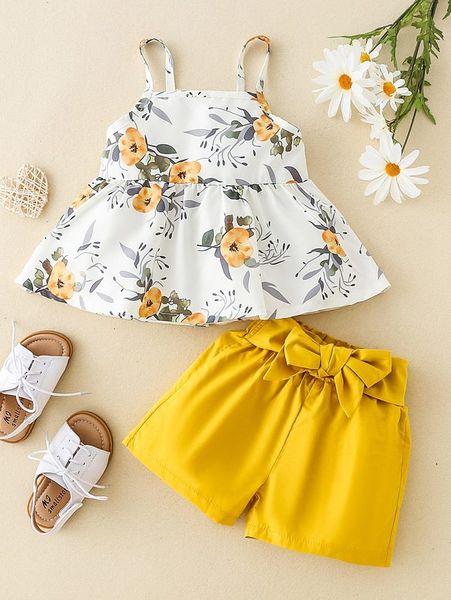 

baby floral print cami & tie front shorts she, White