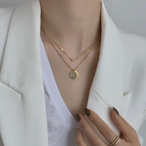 

chains jewelry gift double women's clavicle chain net red gold coin pendant simple cross and necklaces, Silver