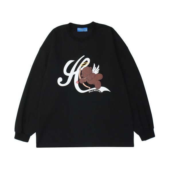 

sweatshirts cartoon bear foam printed round neck hoodless sweater mens street trend loose pullover long sleeve hoodie, Black