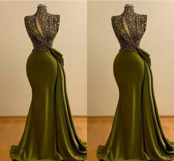 Оливковые зеленые вечерние платья африканские плюс размер русалка блестящие блестки высокой шеи развертывающие поезд атласная вечеринка PROM форма формальный случай носить Vestidos 2022 Desinger