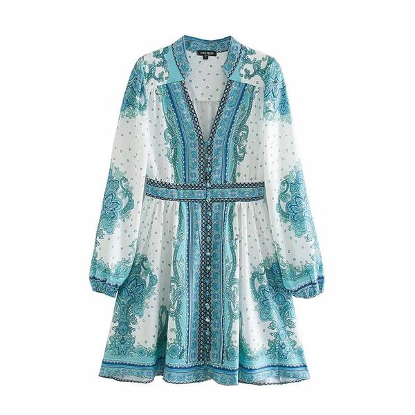 

casual dresses vintage women placement print lantern sleeve mini dress female v neck single breasted clothes lady loose vestido d6372, Black;gray