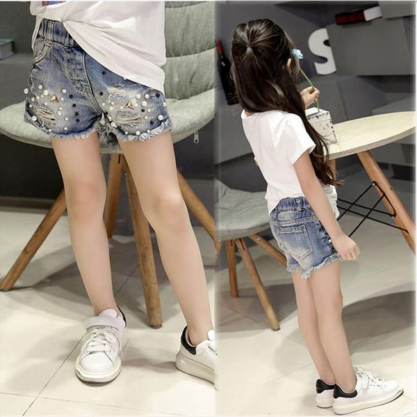 

girls shorts summer dress wear washed holes pearl kids trousers denim pants children clothing jeans, Black