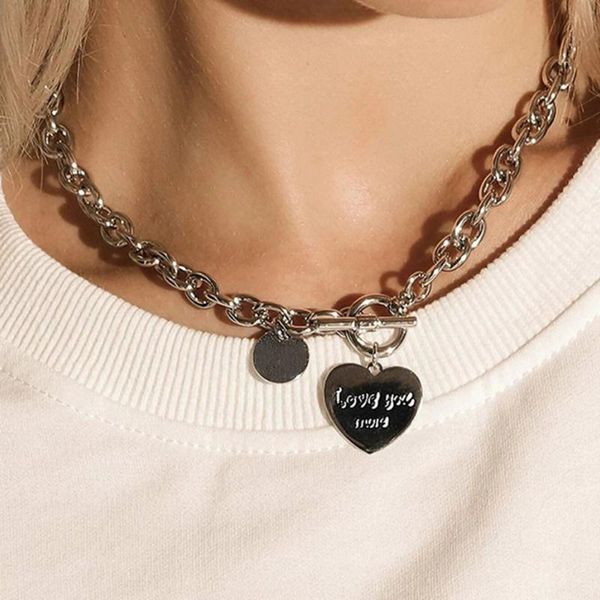 

chokers love you couple heart-shaped pendant necklace metal wild fashion thicken ot clavicle chain valentine's day gift jewelry, Golden;silver