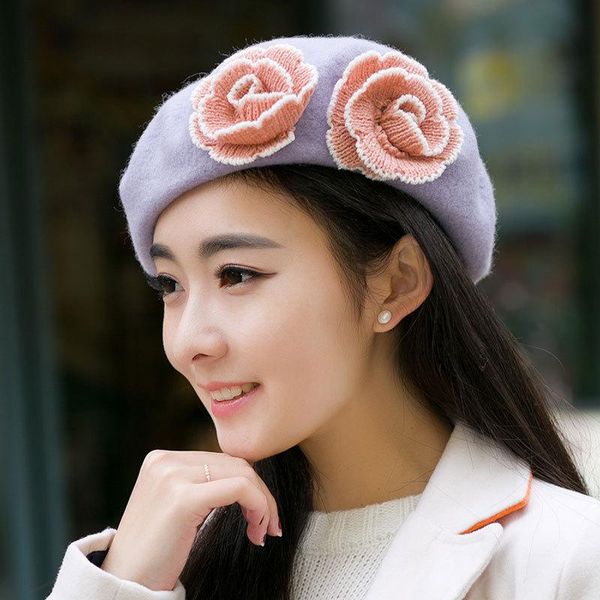 

berets beckyruiwu 2021 autumn and winter woolen knit beret cap woman banquet cute painter hat girl pure wool hats, Blue;gray