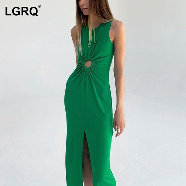 

casual dresses [lgrq] women green split hollow out dress arrival round neck sleeveless fit fashion tide spring summer 2021 19d2533, Black;gray