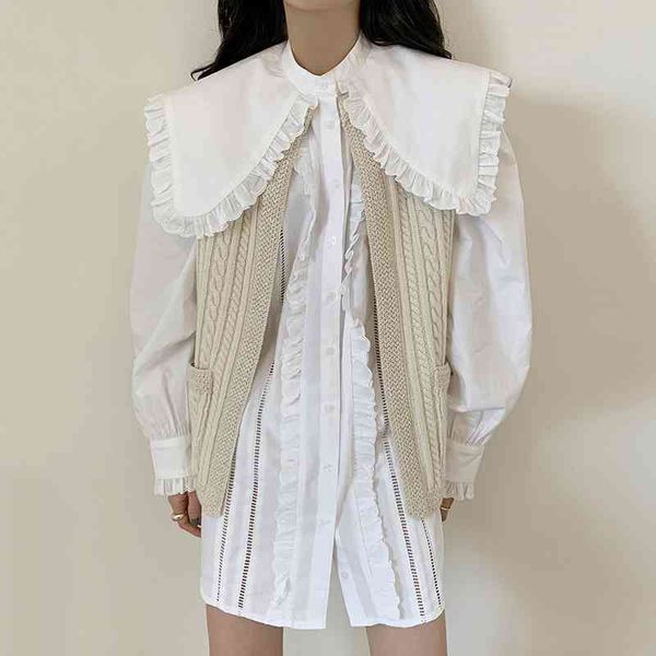 

[ewq] autumn versatile large lapel lace patchwork lantern sleeve white shirt dress + jacquard pocket knitted vest 16q88620 210407