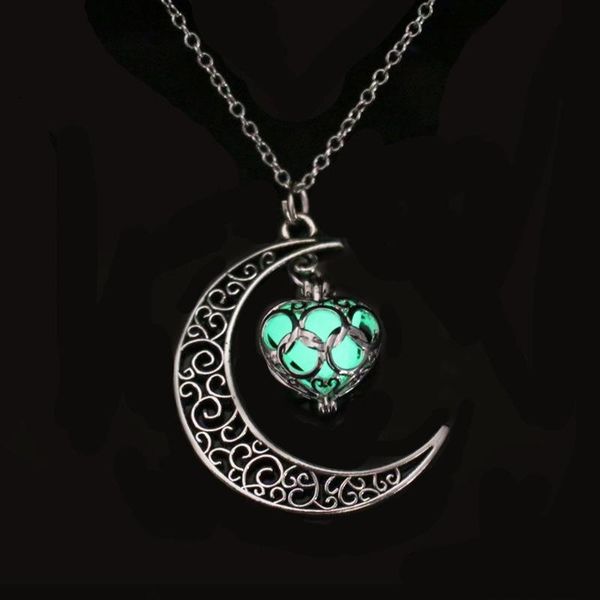 

charms luminous stone necklace hollow moon heart pendant glowing, Bronze;silver