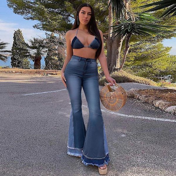 

women's jeans cibbar autumn vintage fashion patchwork jean flare pants women high waist color blocking body-shaping casual slim denim t, Blue
