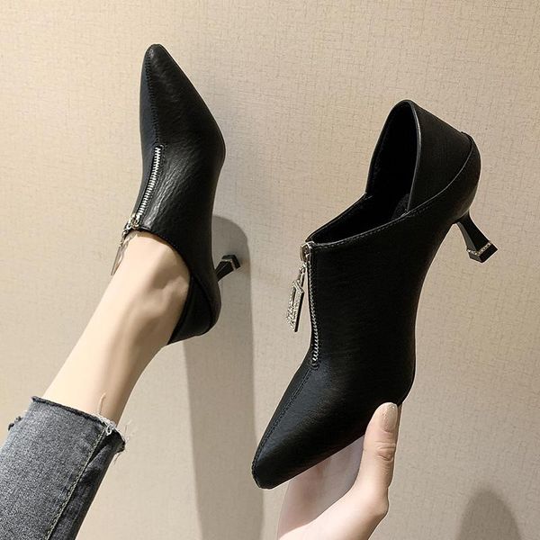 

boots 2021 spring women dress shoes zipper high heels bare pointed toe office woman pumps botas mujer thin 8009g, Black
