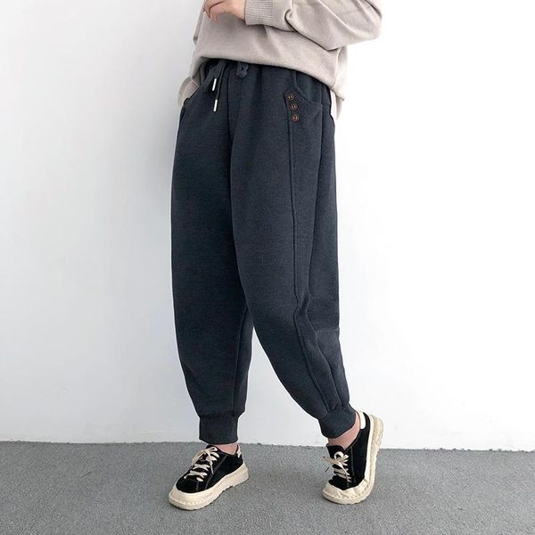 

winter fleece harem pants women 2021 loose elastic waist thick casual solid color pockets big size warm trousers women's & capris, Black;white