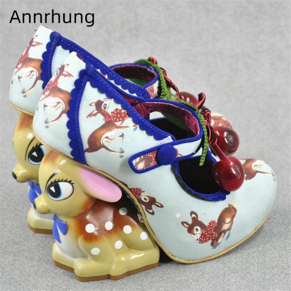 

dress shoes unique deer heel pumps women sweet cherry decor round toe strange high heels print party woman zapatos de mujer, Black