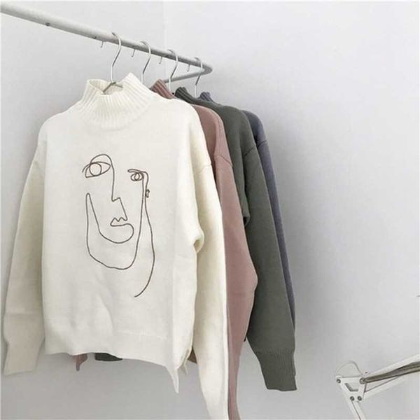 

pullovers character embroidered sweater woman high collar long sleeve knit wool spring autumn jumpers pull femme minimalism 210610, White;black