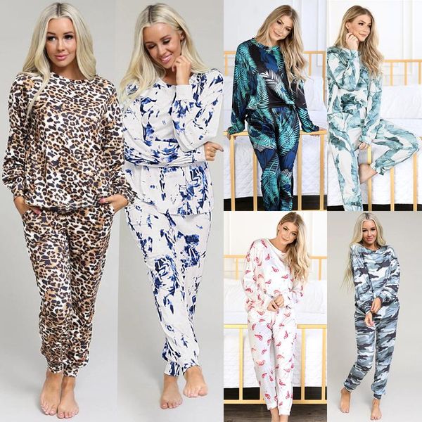 

women's two piece pants women home service printed round neck casual long-sleeved comfortable trousers mid-waist autumn winter two-piec, White