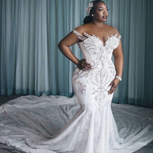 

plus size sheer wedding dresses glitter lace mermaid bridal gowns crystals customise african robe de soirÃ©e, White