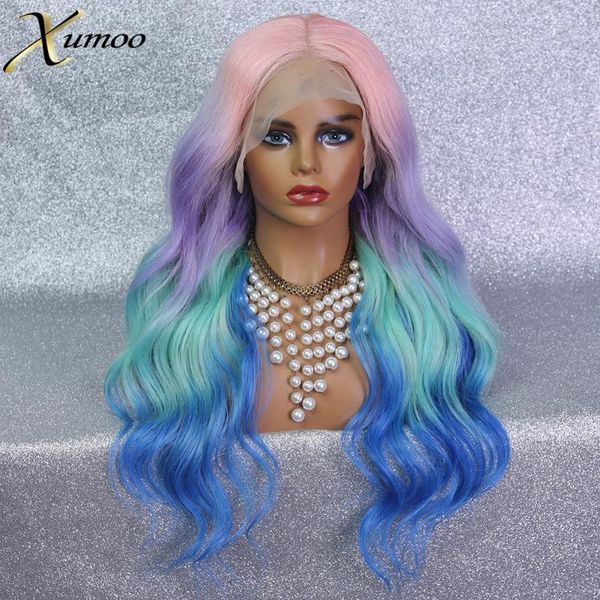 

lace wigs xumoo cosplay rainbow wig ombre pink purple body wave transparent front cuticle aligned brazilian virgin human hair, Black;brown
