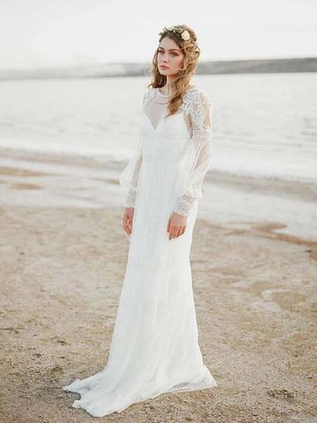 

new fashion vintage summer holiday beach lace bridal gown scoop backless boho bohemain a-line wedding dresses, White