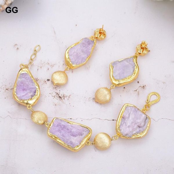 

earrings & necklace guaiguai jewelry natural pink kunzite rough raw gold plated edge brushed bead bracelet vintage style for women, Silver
