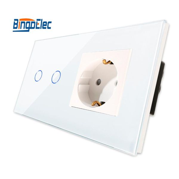 

smart home control bingoelec touch switch with germany wall socket eu standard 2gang 1way 16a white black pick crystal glass panel light