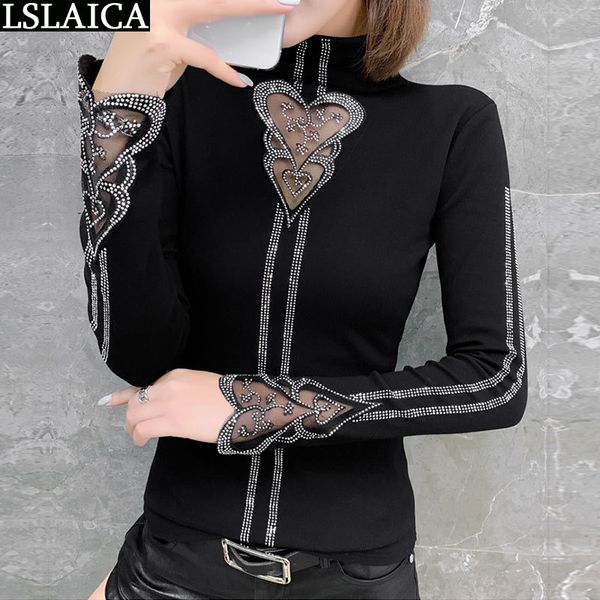 

casual women and blouses black turtleneck slim heart hollow out plus size fashion elegant diamonds 210520, White
