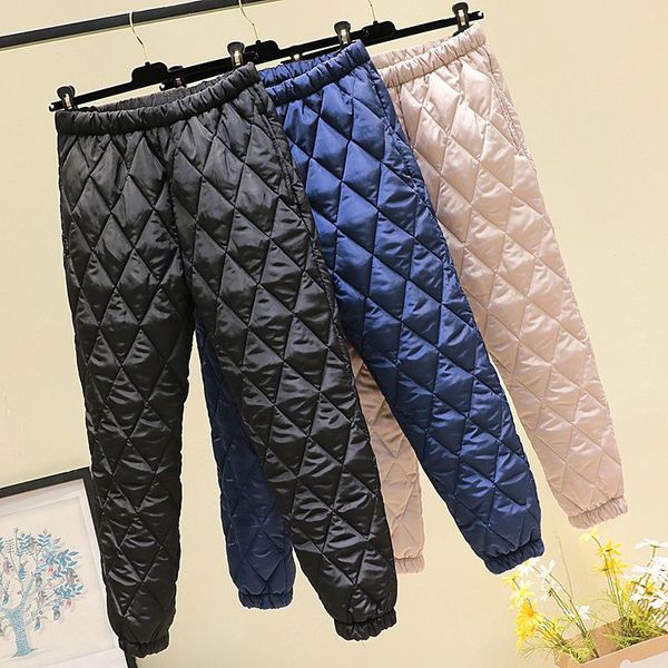 

women's pants & capris casual down cotton women elastic high waisted plus size fashion winter warm rhombus tie feet trousers female wil, Black;white