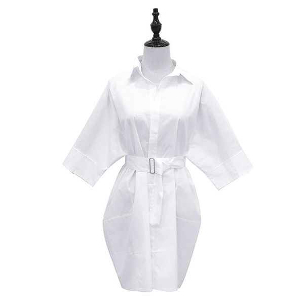 

white shirt dress turn down collar 3/4 sleeve mini short loose sash summer d0709 210514, Black;gray