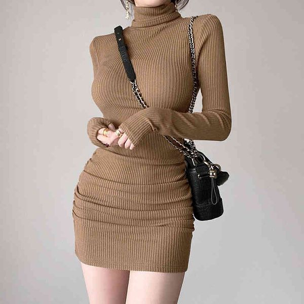 Brown Ribbed Knit Turtleneck Manga Longa Inverno Driver Dresses para Mulheres Outono Bodycon Lady Bainha Preta Curta Mini Vestido 210415