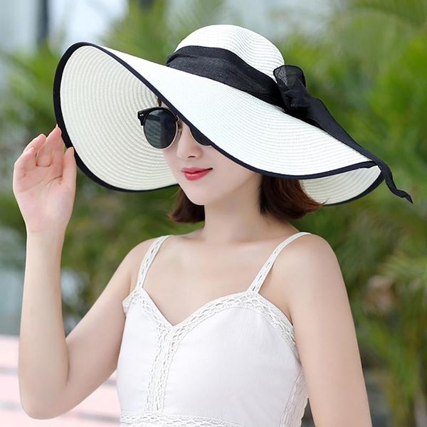 

wide brim hats summer female sun hat big classic bowknot folding straw casual outdoor beach cap for women uv protection 5, Blue;gray