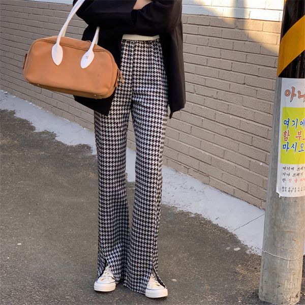

houndstooth korean chic straight high waist women pants loose brief casual plaid female all match long trousers 210421, Black;white