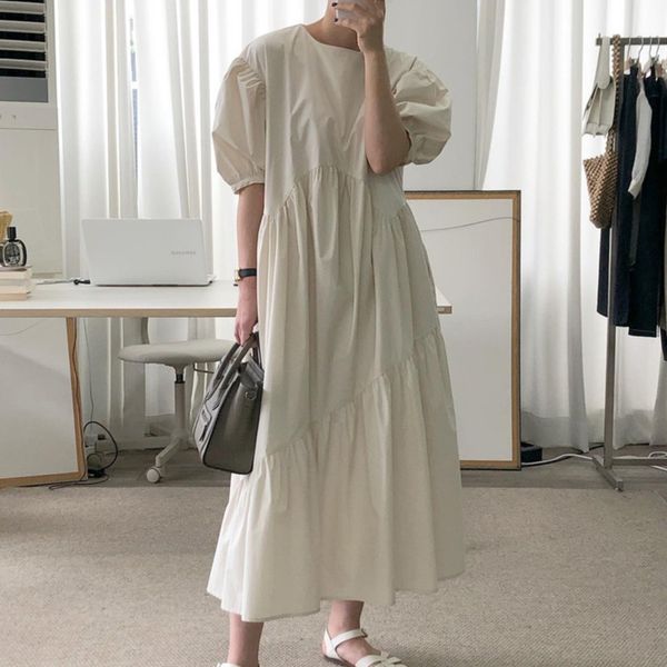 

women blue big size pleated long ruffles dress round neck short puff sleeve loose fashion spring summer 2f0558 210510, Black;gray