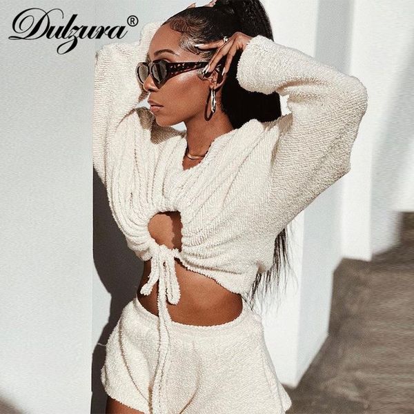 

women's tracksuits dulzura 2021 autumn winter women solid 2 piece lace up drawstring long sleeve crop shorts set loose casual streetwea, Gray