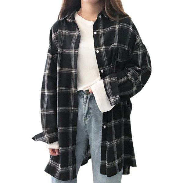 

women's blouses & shirts summer long loose falling shoulder sleeve lapel plaid pocket shirt women top, White