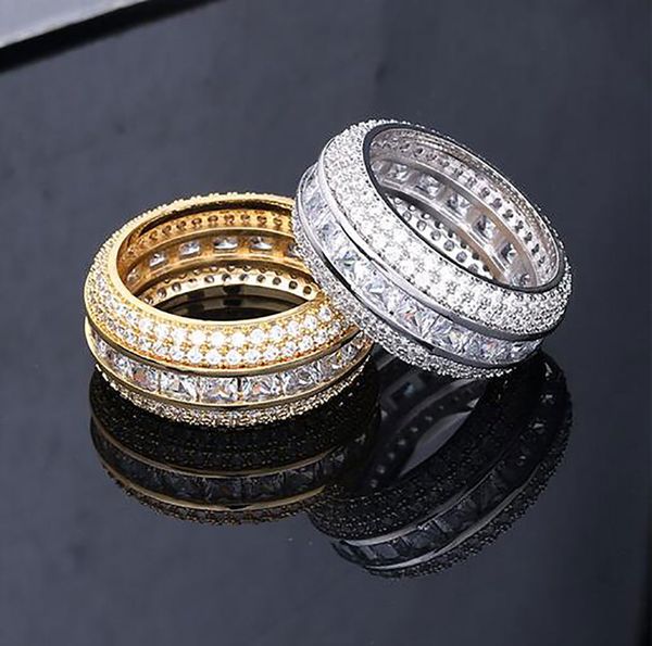 

iced out 5 row cz 360 eternity rings bling micro pave cubic zirconia 18k gold plating simulated diamonds mens hip hop ring, Golden;silver