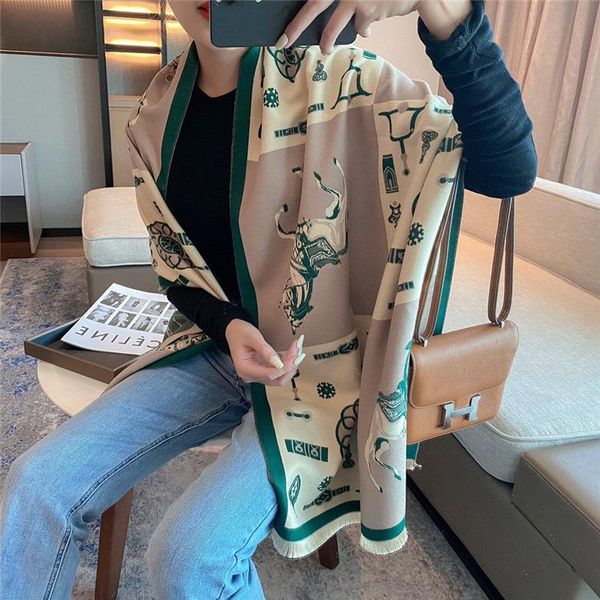 

scarves horse drawn long shawl scarf, Blue;gray