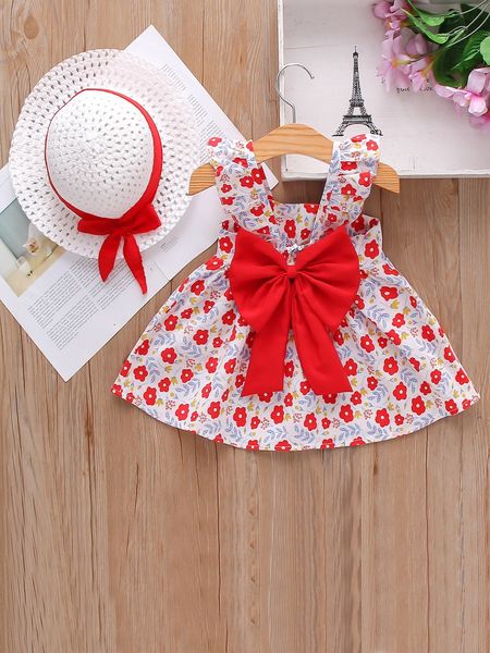 

toddler girls flower print big bow dress she, Red;yellow
