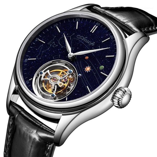 

aesop real tourbillon movement watches mens 2021 gold mechanical luxury skeleton sapphire watch men relogio masculino wristwatches, Slivery;brown