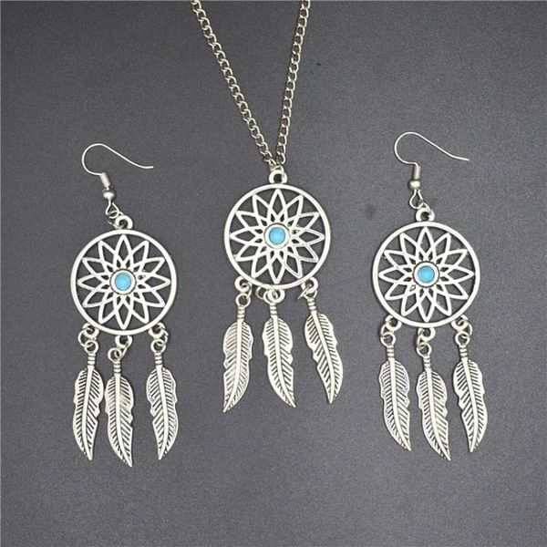 

earrings & necklace fashion bohemian style pendant dream catcher feather jewelry set for women sweet gift, Silver