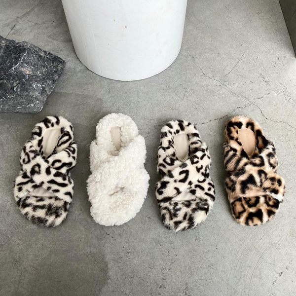 

fluffy fur leopard outdoor slippers women mixed colors warm winter shoes platform slides flip flops casual, Black