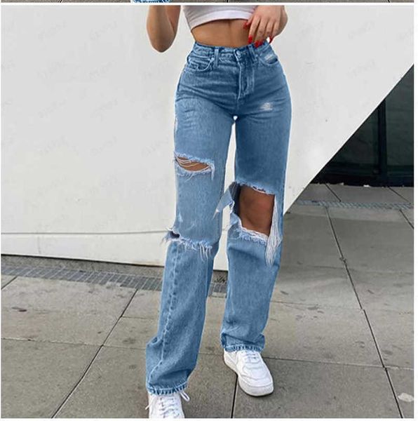 

straight high waist fashion casual retro jean style ripped holes are thin y2k street trend 's pants 210927, Blue