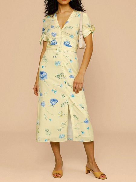 

party dresses women v-neck waist slim midi dress floral print lace-up short sleeve ladies single-breasted split long for holiday robe, White;black