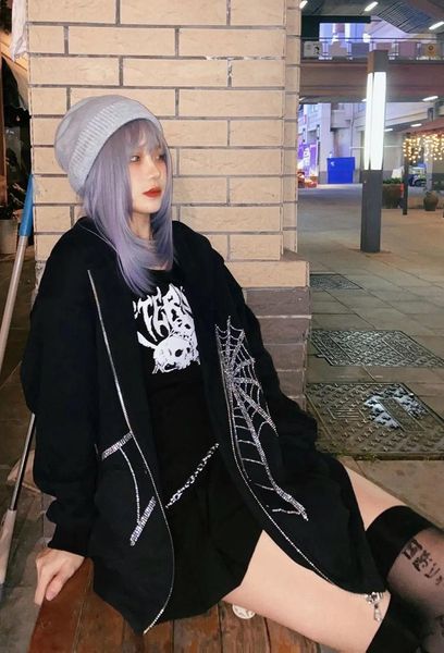 

women's jackets gothic black rhinestone punk y2k jacket women fairy grunge dark academia coat harajuku zipper hoodie emo alt clothing, Black;brown