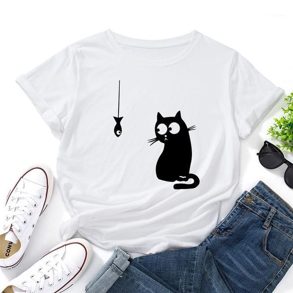 

women's t-shirt yt summer cartoon cat fish print women oversized tshirt s-5xl cotton casual tee round collar short sleeves funny loose, White