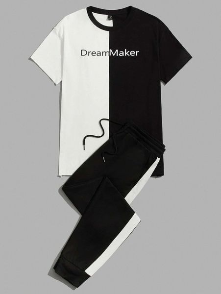 

men letter graphic colorblock tee and sweatpants set 94qf#, Gray