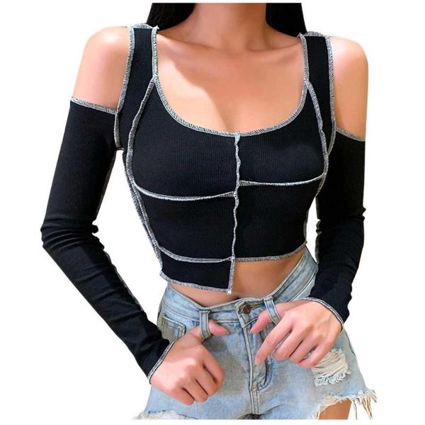 

women's t-shirt summer off shoulder contrast color patchwork 2021 fashion asymmetrical long sleeve wdc7391, White