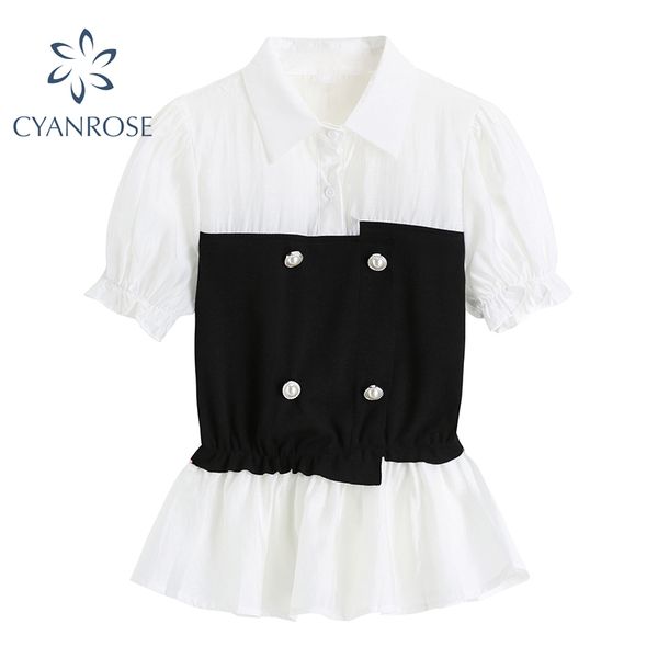 Koreanische Art Patchwork Chiffon Bluse Mode Büro Dame Puff Kurzarm Hemd Top Sommer Lässig All Match Kleidung 210417