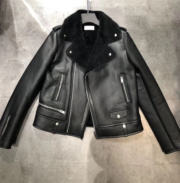 

women's lapel genuine sheepskin fur jacket thick black moto warm winter shearling coat leather