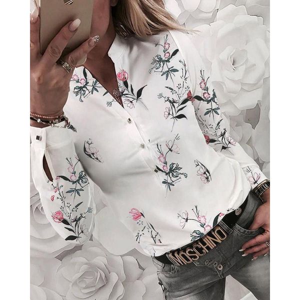 

women shirt floral print v-neck long sleeve autumn spring female casual blouse button slim fit ladies clothing women's blouses & shirts, White