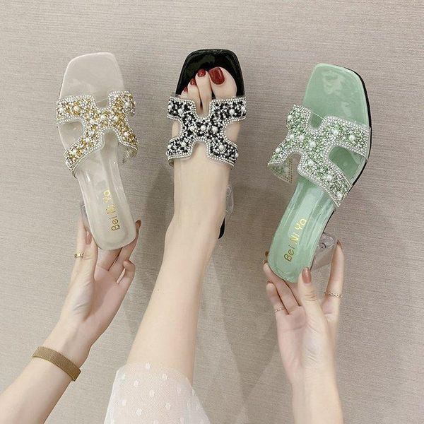 

slippers 2021 summer women's outerwear sandals and style square heel fashion rhinestone thick beach flip flops, Black