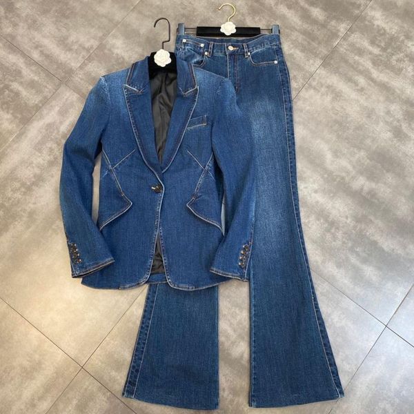 

women's two piece pants fabpop 2021 fall winter long sleeve single buttons blue denim jacket full length flare jeans set women gc468, White
