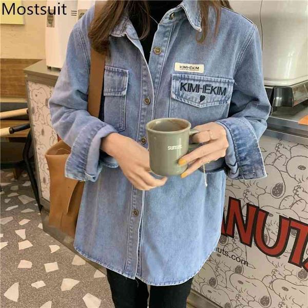 

blue denim shirt women embroidered full sleeve single-breasted pockets casual fashion loose femme autumn 210514, White
