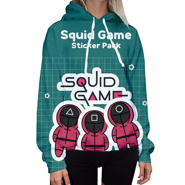 

squid game 3d real digital printing long sleeve loose comfortable soft drawstring ladies hoodie, Black